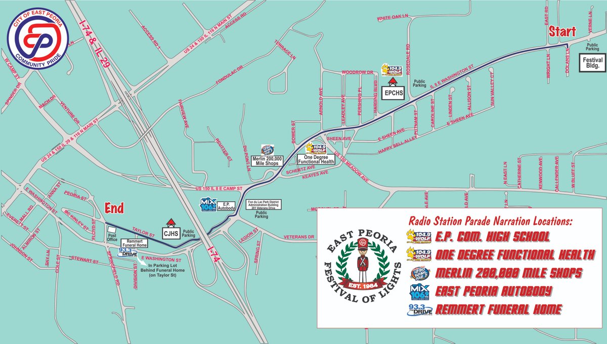 EastPeoria's tweet photo. This is it ... the Parade of Lights officially starts the Festival of Lights tonight! Here is a map of the parade route, parking &amp; locations where radio stations from Alpha Media will be set up to provide a narration. https://t.co/Bz315VEvWZ

The parade starts at 5:45 p.m. https://t.co/YmZ2cQLoAR