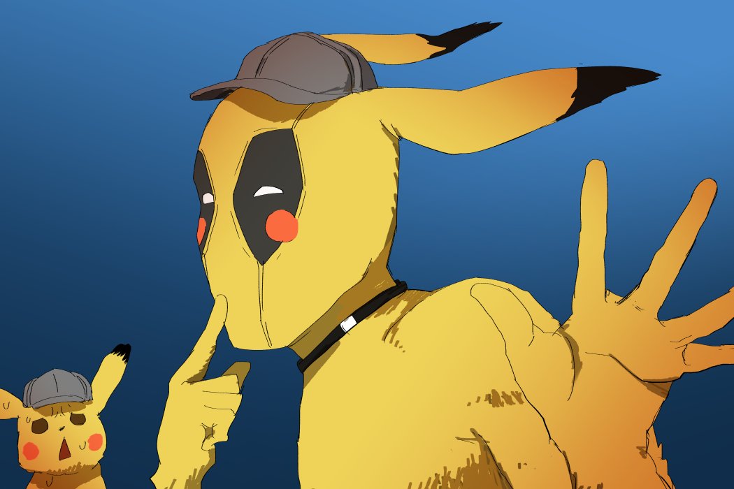 pikachu pokemon (creature) hat grey headwear no humans blue background clothed pokemon simple background  illustration images