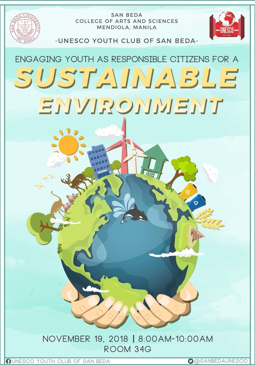 SanBedaUnesco's tweet photo. The environment has its limits. It is now time be more responsible citizens towards crafting a sustainable environment.
📍Room 34G
📅November 19, 2018
⏱8:00 a.m. to 10:00 a.m.
#UnescoEmpowerYouth
#GreenResponsibility https://t.co/cOjg5siCwD