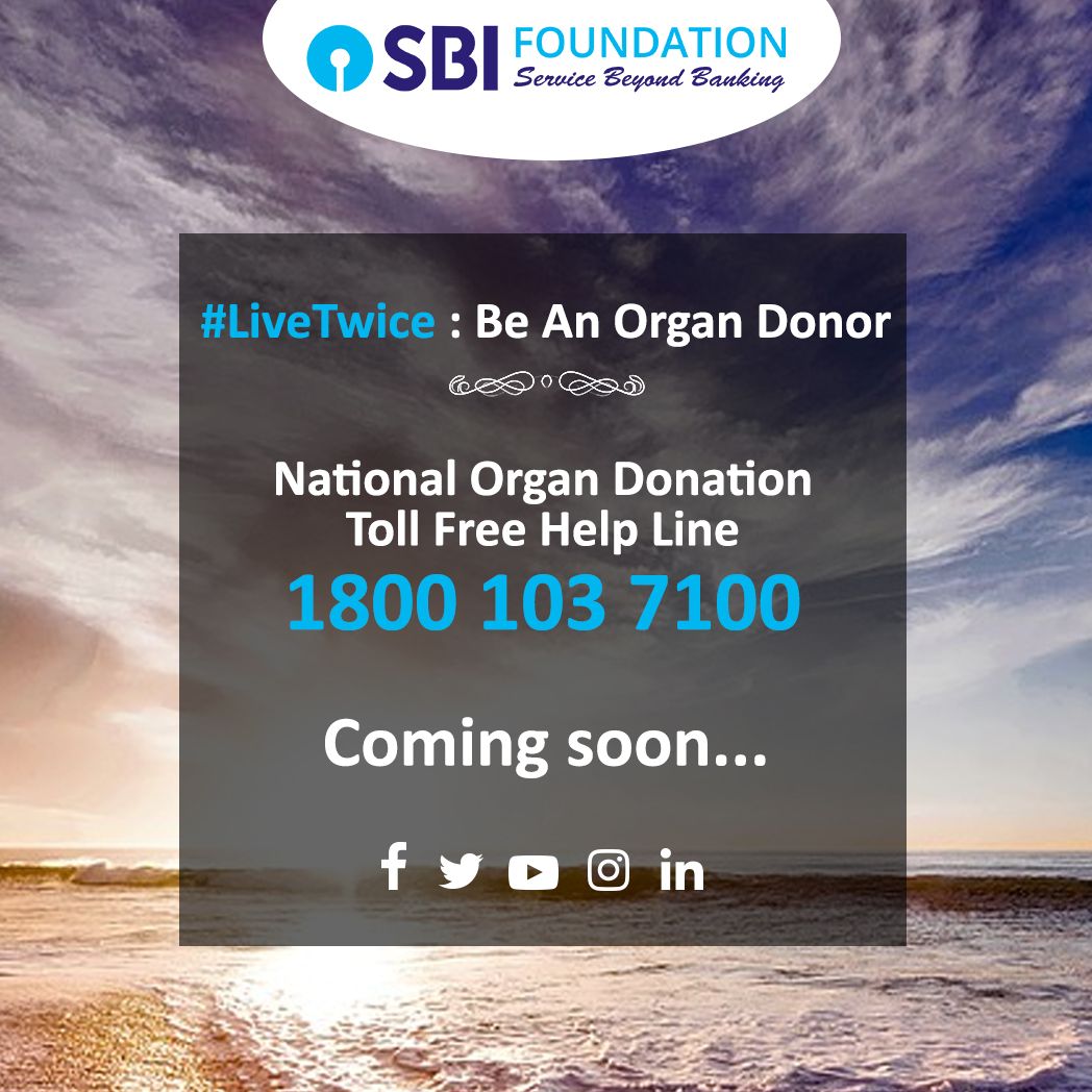 SBI_FOUNDATION's tweet photo. We’re here to show how we can save lives by becoming an organ donor. Our new #LiveTwice: 'Be An Organ Donor' Campaign launches soon!
1 Donor Can Save 8 Lives. #OrganDonation
@TheOfficialSBI @MohanFoundation @MoHFW_INDIA @rkumar1958 @pk63 @NITIAayog #campaign2018 #GiftLife https://t.co/wWHxVzY06E
