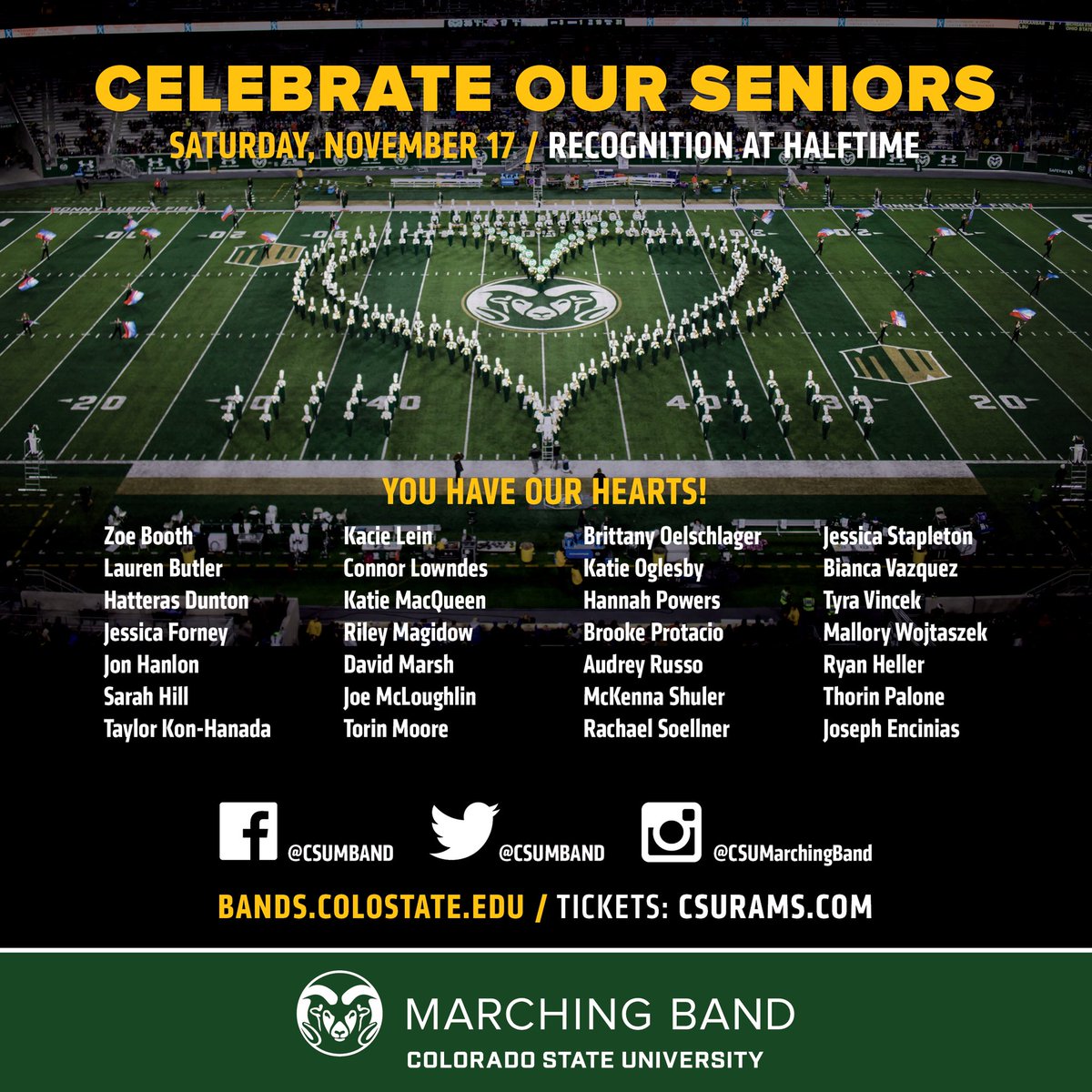 CSUMBand's tweet photo. Good morning, Rams! It’s senior day today! Thanks for everything! 💚💛💚💛💚#csumband #proudtobe #seniorday https://t.co/vnnBDkzbRv