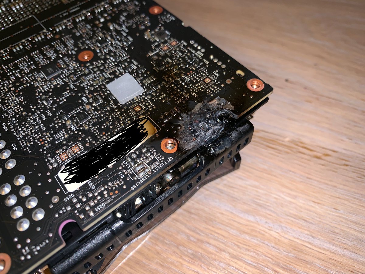hardwarecanucks's tweet photo. Well....first report of an RTX 2080 Ti actually bursting into flames. 🔥 With pics to prove it.  Courtesy of @HardOCP forum.  

Insert RTX On joke here: ______

https://t.co/rKuRVzNFVB https://t.co/YCFB0cmIVe