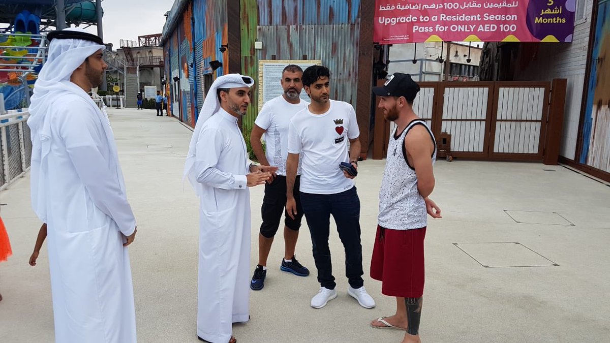 MeraasDubai's tweet photo. Football star Leo Messi with his family visiting #Meraas destination, @lamerdubai and enjoying their time at #LagunaWaterPark while on a holiday in #Dubai. He was accompanied by Adel Ebrahim and Mohammed Al Malek from #Meraasdubai. https://t.co/ZKICotf2Ue