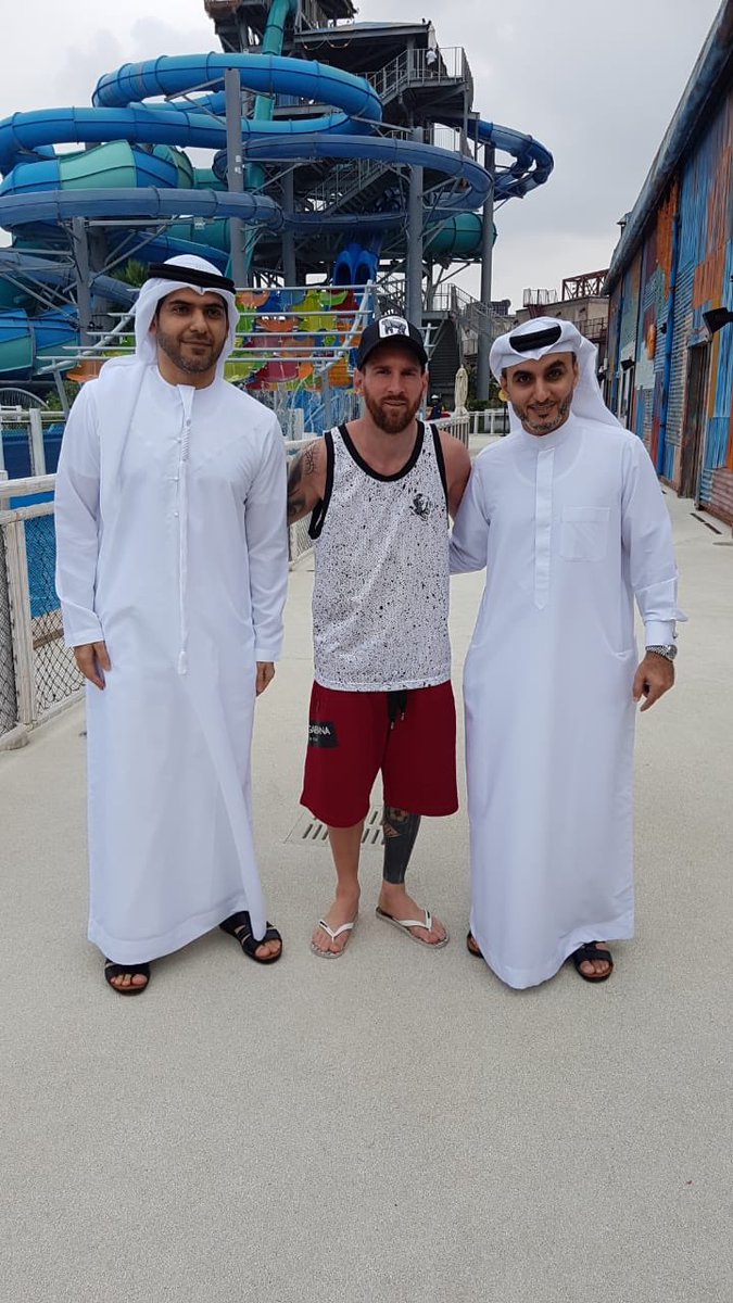 MeraasDubai's tweet photo. Football star Leo Messi with his family visiting #Meraas destination, @lamerdubai and enjoying their time at #LagunaWaterPark while on a holiday in #Dubai. He was accompanied by Adel Ebrahim and Mohammed Al Malek from #Meraasdubai. https://t.co/ZKICotf2Ue