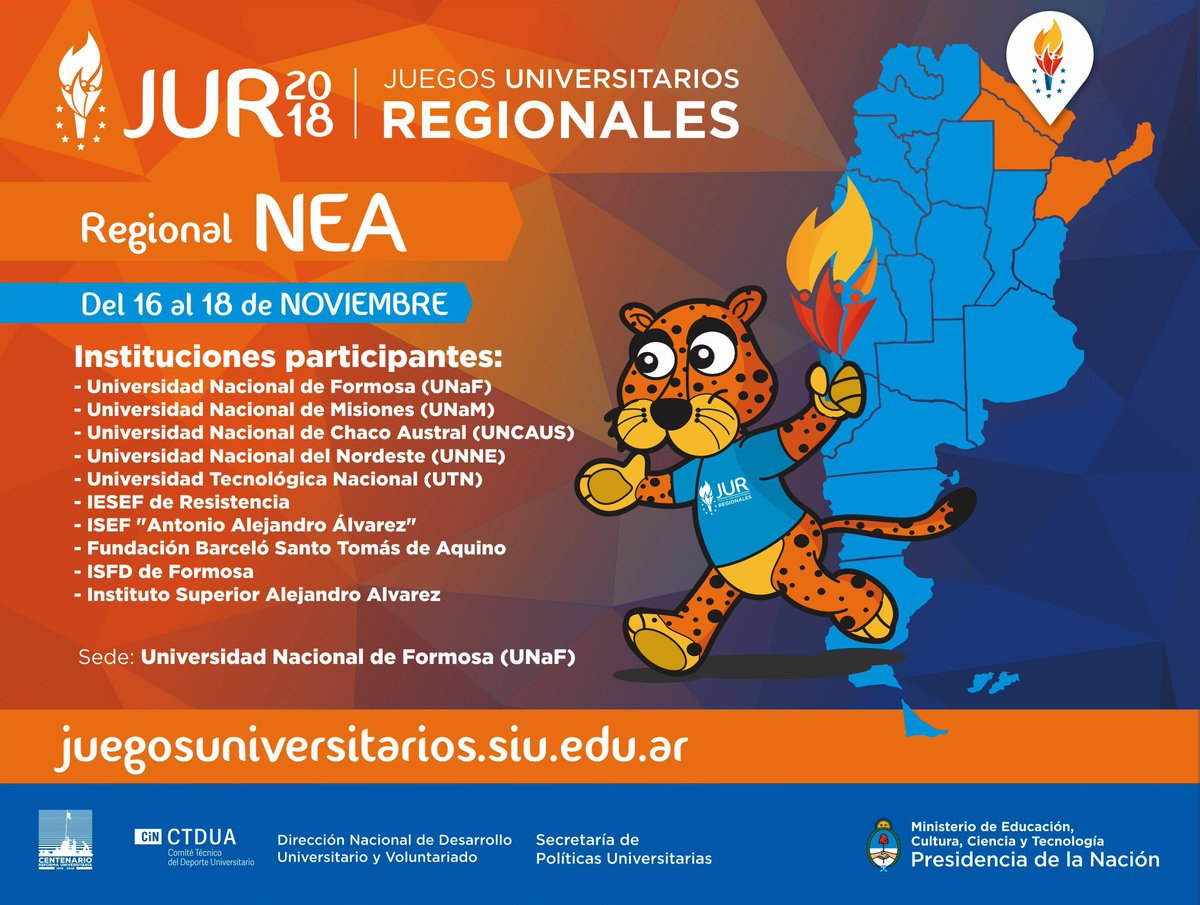 torneojuar's tweet photo. #JUR2018 
El último regional del año llega a la zona del Nordeste, en la provincia de Formosa:
✔Sede: #UNaF 🏛🏟
✔1200 estudiantes 📖atletas🏃‍♂️🏃‍♀️
✔10 Instituciones de Educación Superior 🏛
✔19 disciplinas deportivas⚽🏀🏉🎾🏐🏓🏑🏊‍♀️🎽🏆 https://t.co/KNO6ZZVRQ3