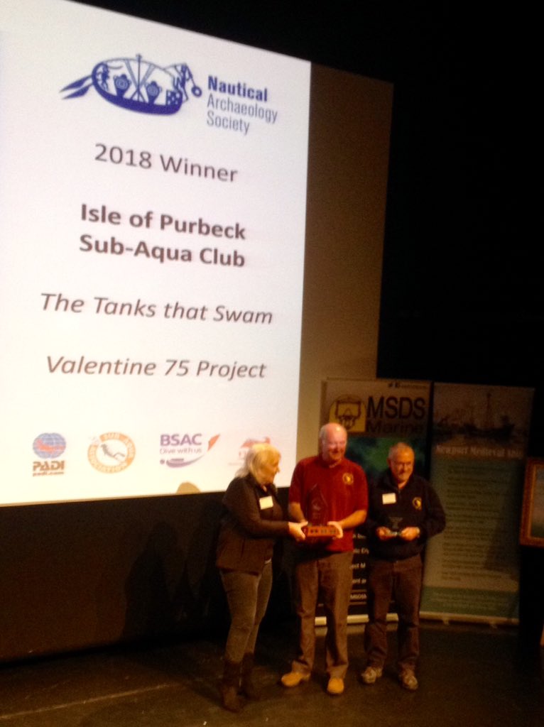 SevernsideSAC's tweet photo. Congratulations to our @BSACdivers buddies from the Isle of Purbeck Sub Aqua Club winning the #adoptedwreck project award at the @NautArchSoc #ArchConf18 in #Newport for their project diving the sunken Valentine Tanks in #Dorset near #Swanage! #ukdiving #loveukdiving #scuba https://t.co/nzdqKyCoaQ