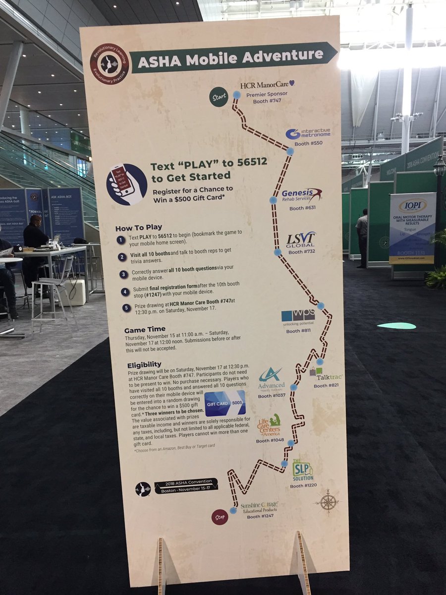 Speechtacular's tweet photo. FINAL DAY for the #ASHA18 Mobile Adventure Text PLAY to 56512, you could win a $500 giftcard!! #slpeeps #speechies #slp2b https://t.co/bT1kGtXphI