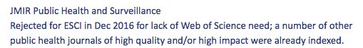 jmirpub's tweet image. Arrogance, stupidity and cluelessness of @clarivate: JMIR Public Health &amp;amp; Surveillance (publichealth.jmir.org) is one of the few journals focussing on #surveillance #publichealthinformatics #hiv #aids, yet @webofscience refuses to index bc it already has #publichealth journals?