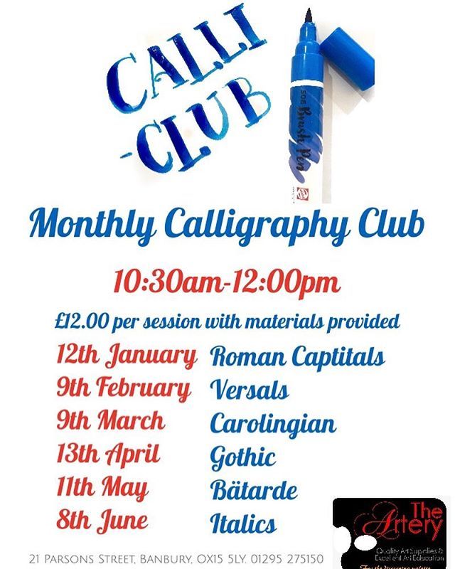 thearteryshop's tweet photo. We have one more Calli-Club on the 15th December, so here are the first half of 2019’s calligraphy lessons.
🎨
#artmaterials #banbury #calligraphy #calligraphyclasses #art #artist #artclass #artshop# https://t.co/vHcbneFmPs https://t.co/JhpxrA0P9x