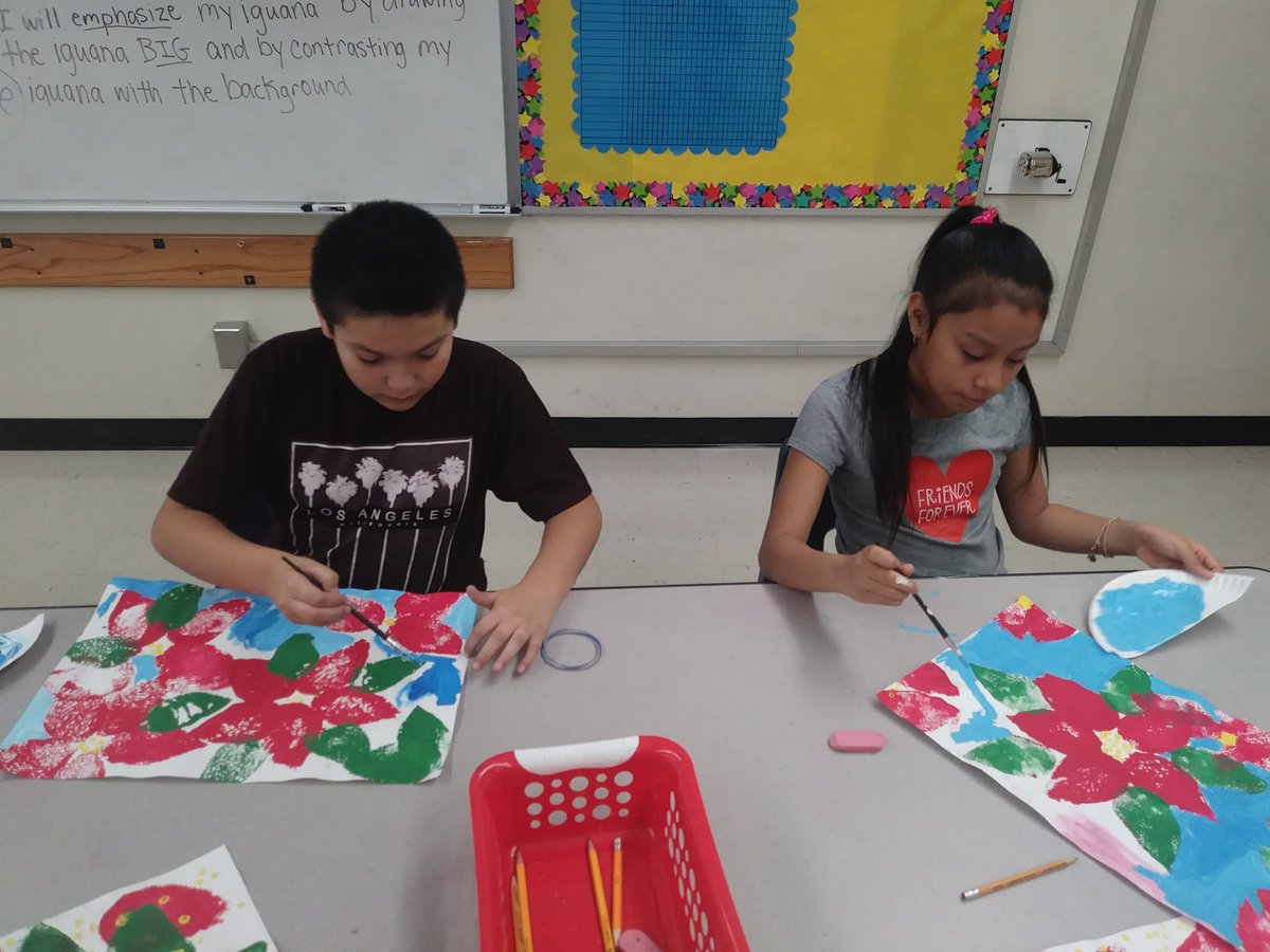 ArtwMrsMagee's tweet photo. Fourth grade Christmas Poinsettias using sponges as printmaking tools and talking about value as students mixed light blue paint for the background. #mesqart #lawrencemisd https://t.co/XcOYcxOwOx