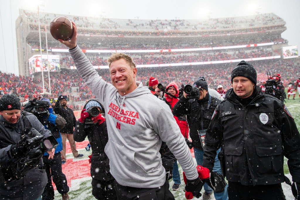 OWHhuskers's tweet photo. An awesome photo of Scott Frost celebrating in the snow by @BsullivanOWH 

Read the game recap by @heady_chris  here: https://t.co/qPEGCrH2ot

And watch the postgame press conference here: https://t.co/cBjzAnYIiT https://t.co/QUqqwvtnWZ