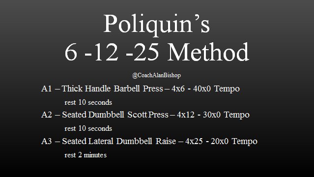 CoachAlanBishop's tweet photo. Poliquin's 6-12-25 Method

An example 7 day week would like the following:
1: Chest and Back
2: Legs - Deadlift Emphasis
3: Rest
4: Shoulders and Arms
5: Legs - Squat Emphasis
6: Rest
7: Repeat

Random Jabroni: But coach, isn't that bodybuilding?
Me: Yes https://t.co/KjbB4r4Phk