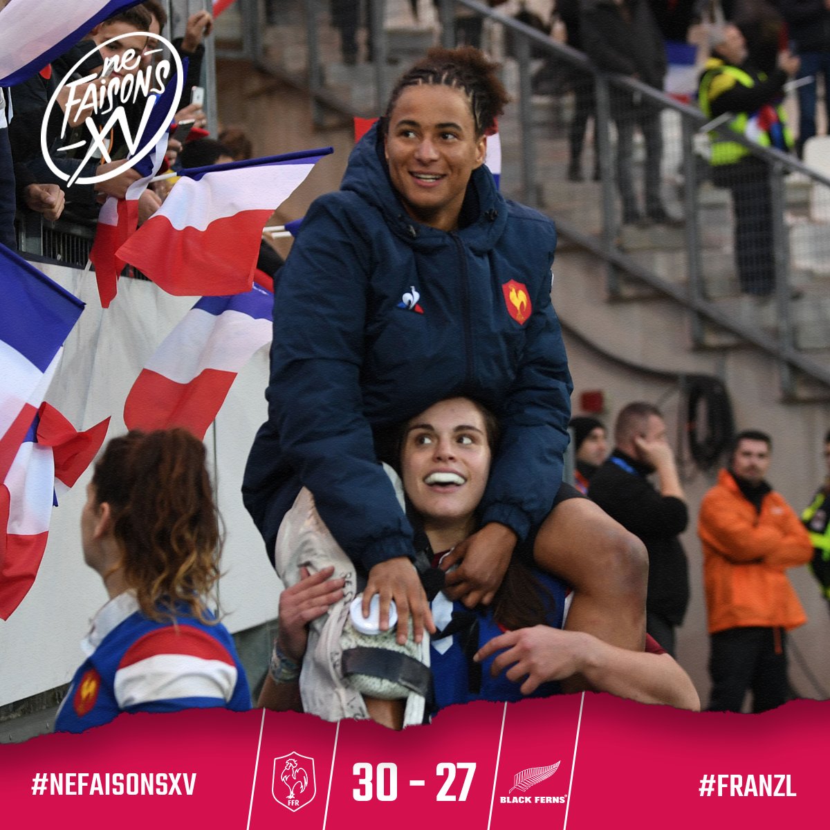 FranceRugby's tweet photo. 🇫🇷🇳🇿 On ne laisse pas tomber une copines ! Bon rétablissement Maëlle Filopon ! 🙏🏻 #FRANZL #FranceFéminines #NeFaisonsXV https://t.co/gBsoPcXbOT