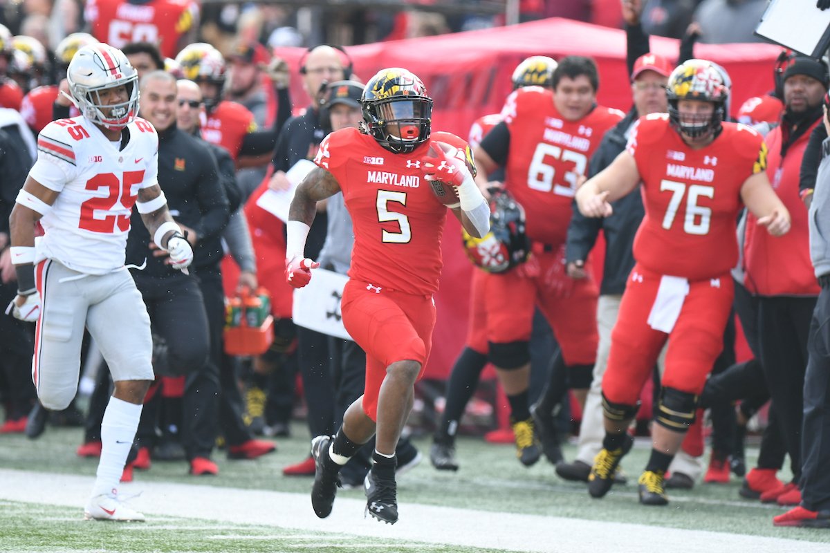 TerpsFootball's tweet photo. THERE HE GOES AGAIN!!!!!!!!!!!!!!!!!

@AnttMacc_ RIPS OFF ANOTHER TD RUN, THIS ONE FOR 75 YARDS AND WE ARE KEEPING CAP LOCKS ON! MARYLAND UP 14-3 #FTT https://t.co/w16pn9a7Dj