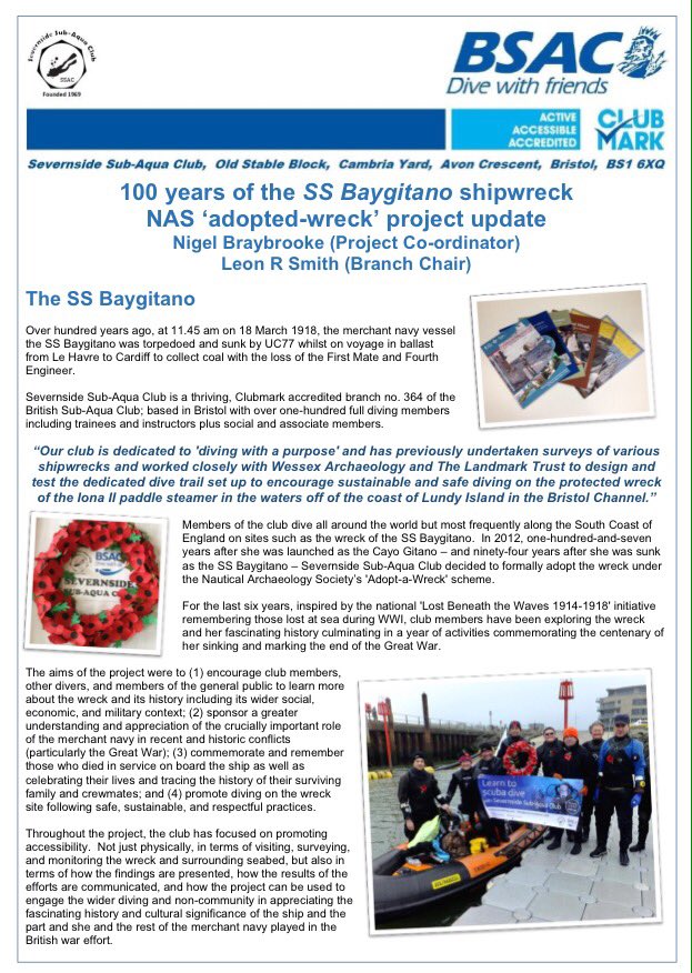 SevernsideSAC's tweet photo. We're delighted to present an update to our @NautArchSoc #adoptedwreck #shipwreck project on the #SSBaygitano at the #archconf18 in #Newport! Thanks to our @BSACdivers buddies at the @BristolUni's @UoBDiving and North #Dorset Sub Aqua Club and the @Dorsetecho for press coverage! https://t.co/LCa9xdJLHE