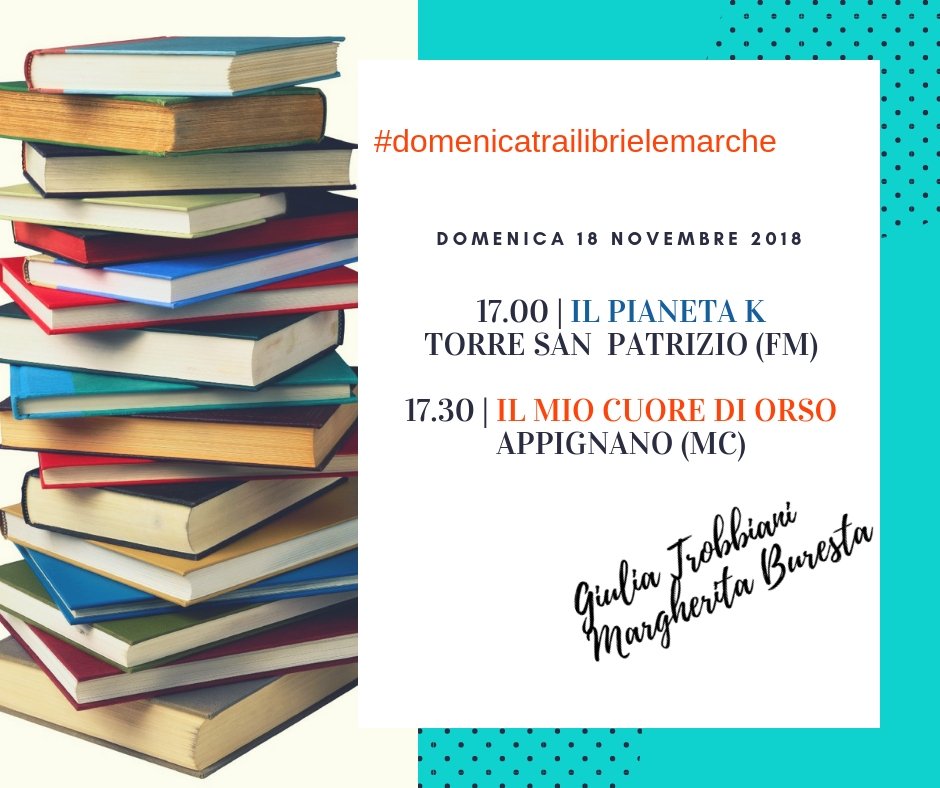 #domenicatrailibrielemarche
Questa domenica siamo a #TorreSanPatrizio insieme a Giulia Trobbiani e ad #Appignano insieme a Margherita Buresta.
#leggere #discoverymarche #libri #marche #giaconieditore
