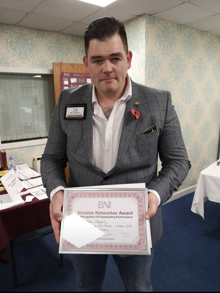 bni_masters's tweet photo. Picking up 3 certificates this month for his achievements and being October's 'Notable Networker' was Will Haggerty of Path Window Cleaning Contractors Ltd - that's 3 months on the bounce.... Well done Will ๐
#GiversGain
#Number1
#BNIMasters https://t.co/kLTlvxzAj3