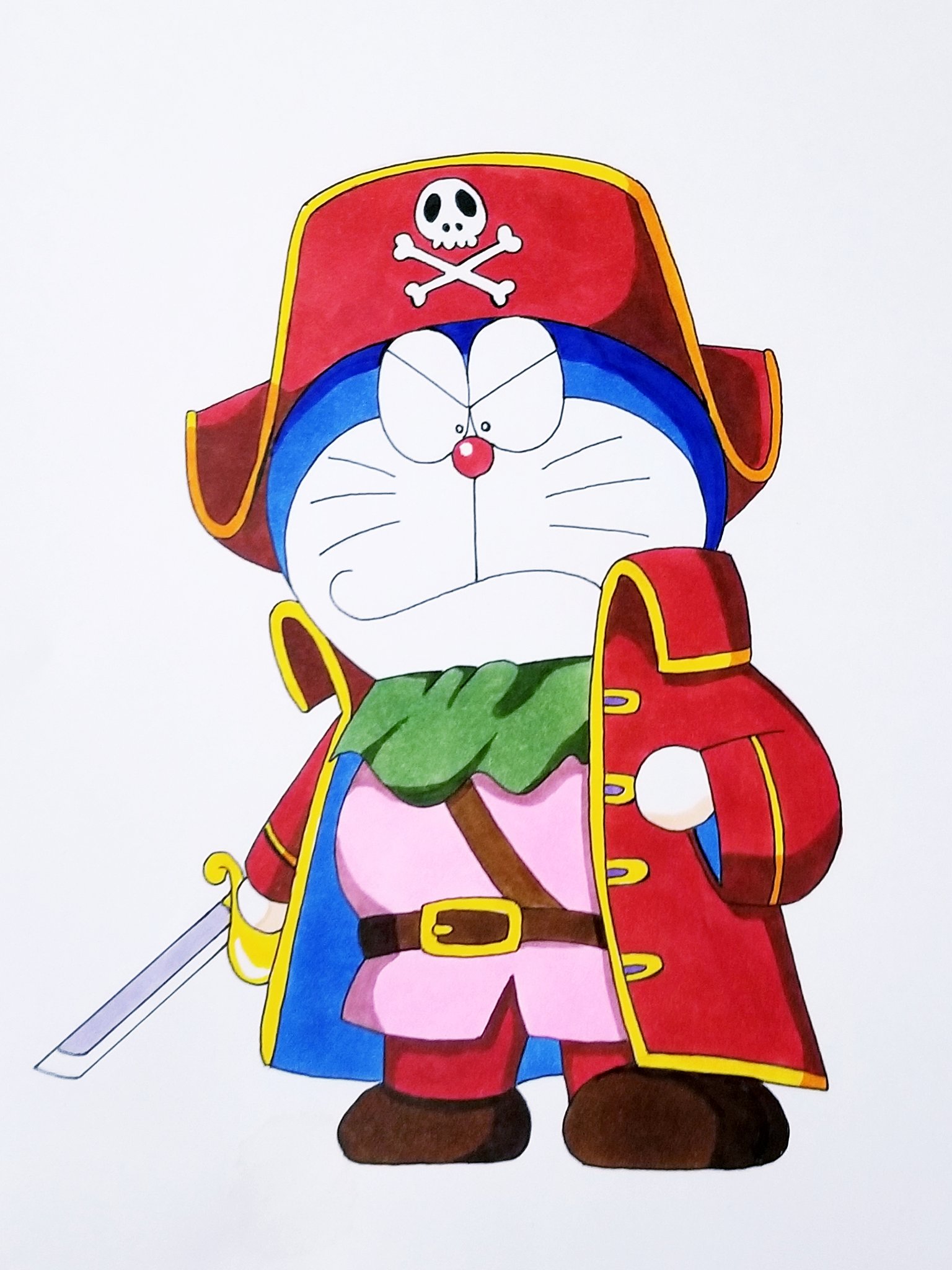 ちゃますけ 映画ドラえもん のび太の南海大冒険 のび太の宝島でも可 より海賊コスドラえもん模写 0 03ドローイングでペン入れ コピック仕上げです 過去絵チェックしたら消えていたので新たに描きました 原画も写メも残ってなかったもので