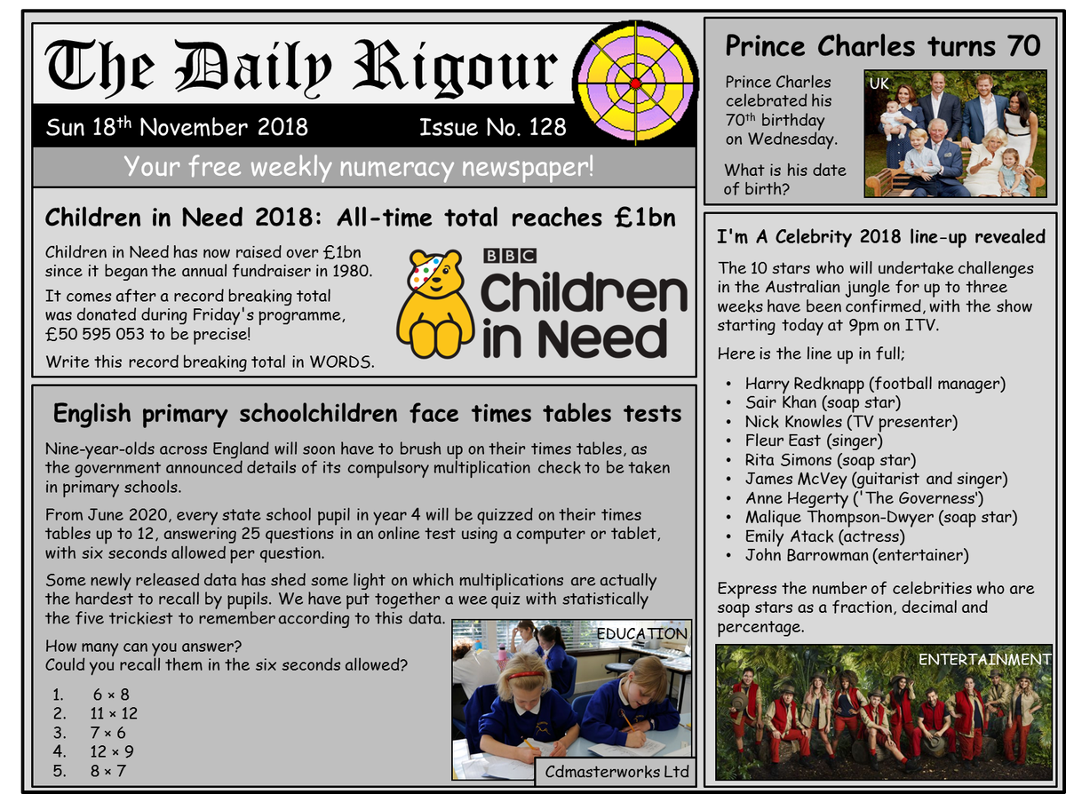 RigourMaths's tweet photo. Want to improve your numeracy skills? Try this weeks #DailyRigour 128, your FREE numeracy newspaper. This week sees the start of @imacelebrity where the #RigourMaths team are supporting #TeamHegerty all the way. Good luck @anne_hegerty! https://t.co/tYDyzZV3r2 #numeracy #CfE https://t.co/hcS0o0VnZT