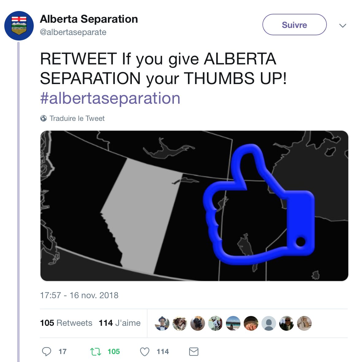 Gilbro2010's tweet photo. Tiens l'Alberta qui pense à se séparer...
Oui Thumbs Up à la séparation de l'Alberta!
Mais n'oublions pas celle du Québec aussi! 👍🏻😀
Suivons le mouvement!
#AlbertaSeparation
#QuebecSeparation https://t.co/0nEABqm4fP