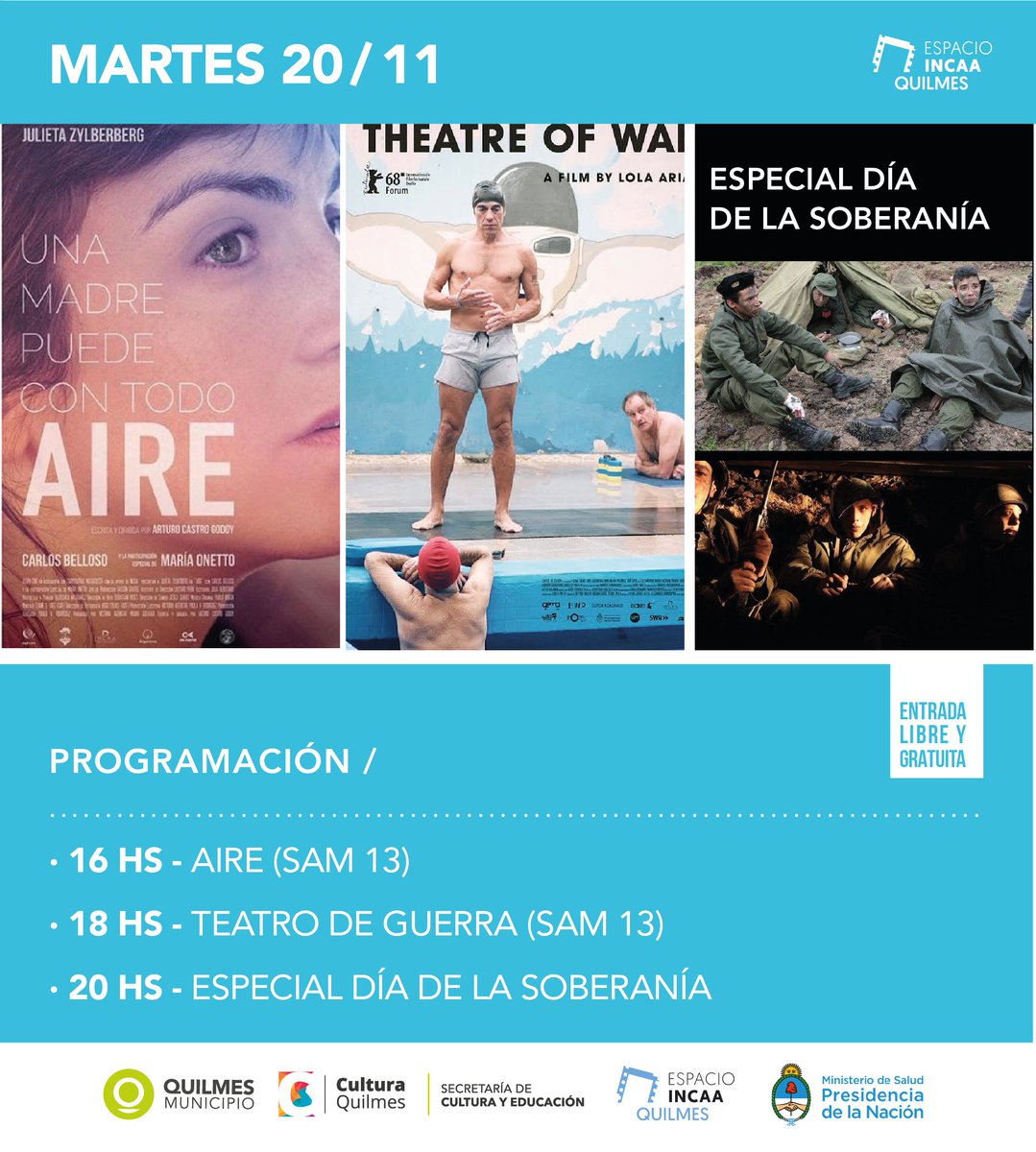 El martes es el #DiaDeLaSoberania y desde el #EspacioIncaaQuilmes y @cultura_quilmes, junto con el Centro de Veteranos de Malvinas de Quilmes te esperamos para una proyección especial de <a href="/teatrodeguerra/">Teatro de Guerra</a> y cortos producidos por el CVMQ.
<a href="/YoSoyMartiniano/">Martiniano</a> <a href="/QuilmesMuni/">Quilmes Gobierno</a> @espaciosincaa