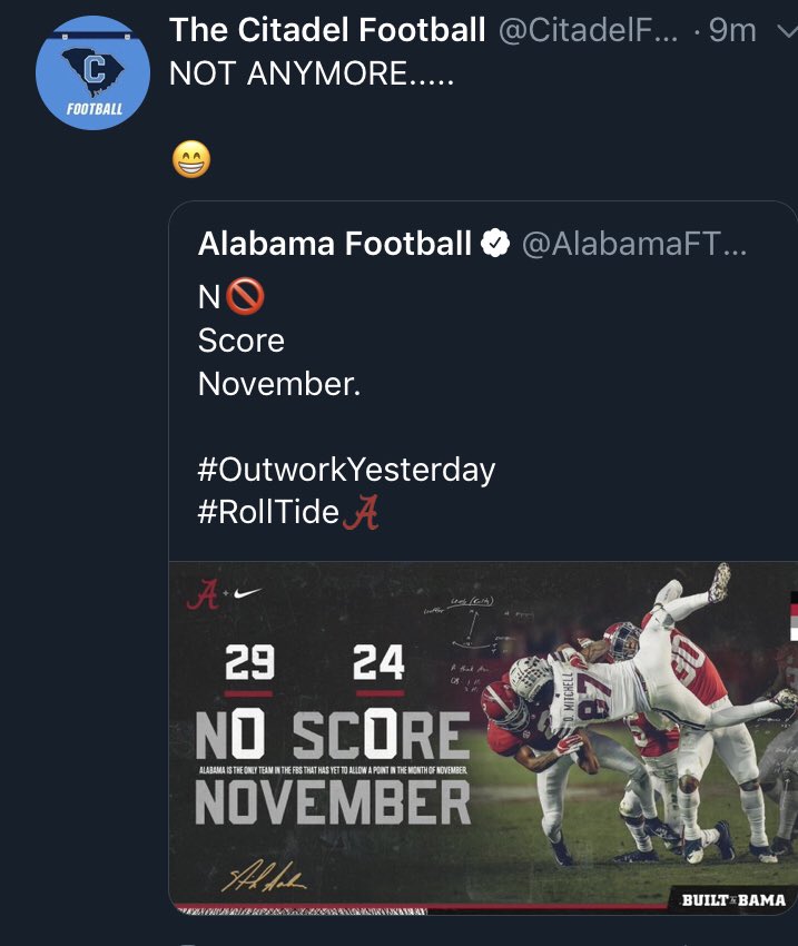 Back9Blogs's tweet image. Hilarious Tweet from Citadel. They might lose by 60 still but round of applause for this tweet 👏🏻👏🏻👏🏻 #bama #Citadel