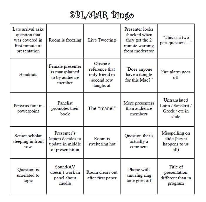 TrinSF's tweet photo. An #aarsbl2018 #SBLAAR18 bi go card. Bonus if you bingo in a single session! https://t.co/7mnc2clcXv