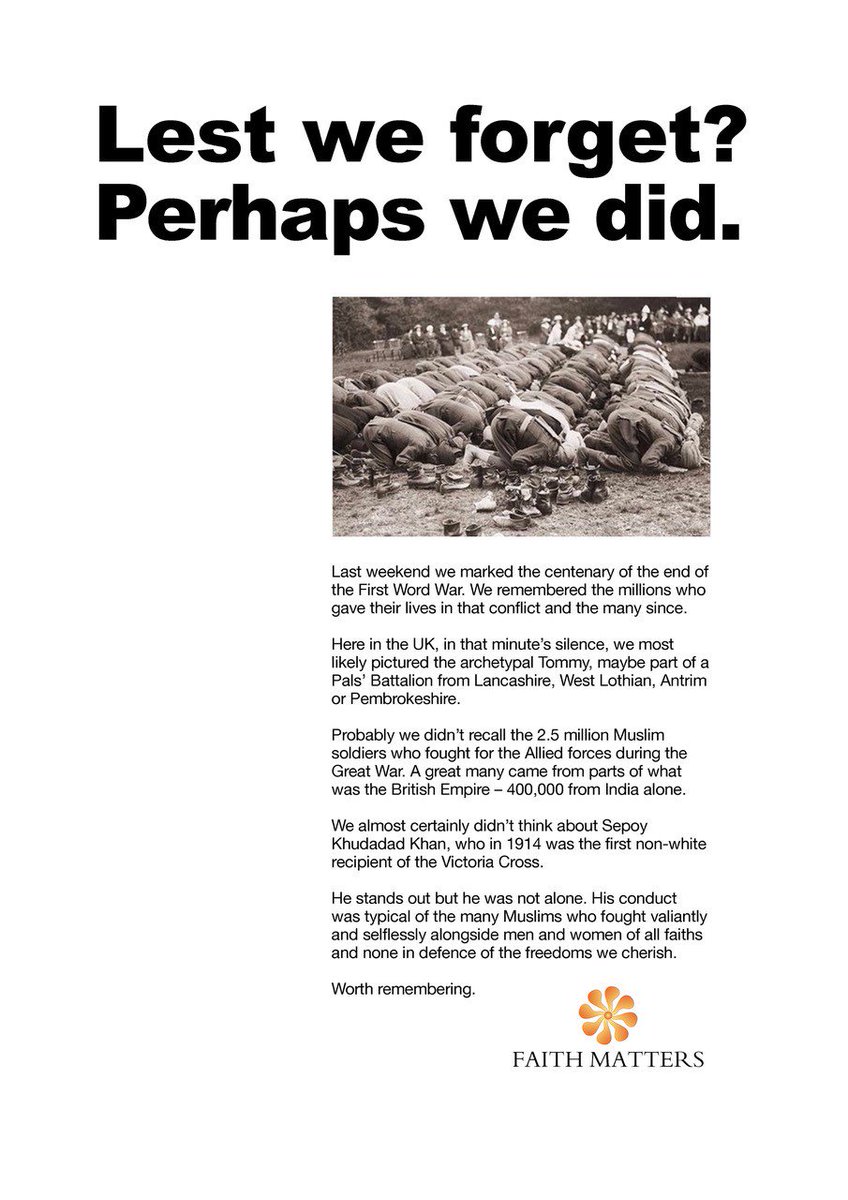 TellMamaUK's tweet photo. Printed in the @DailyMirror today by @FaithMattersUK 

"Lest we forget - perhaps we did". 

Remembering the fallen and the 2.5 million Muslims who fought in the Great War.

#WW1 #RemembranceDay #Muslimcontribution @MPS_AMP @DefenceHQ @CWGC https://t.co/ozmJ3s8A2S