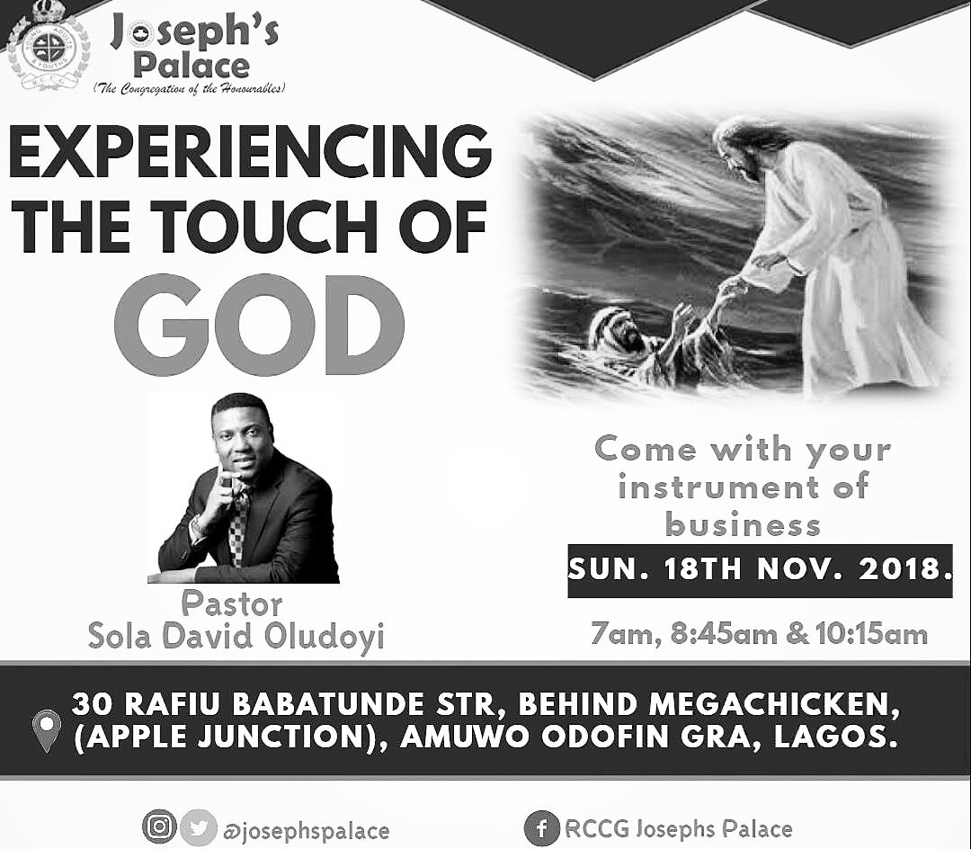 JosephsPalace's tweet photo. What instrument or tool do you use in your business, career or profession? Bring it for a touch of God tomorrow! Invite your business friends, professional colleagues to church and they will be grateful you did. #rccgjp #jpexperiencingGod #touchofGod
@drsolaoludoyi https://t.co/TP84SGP3gC