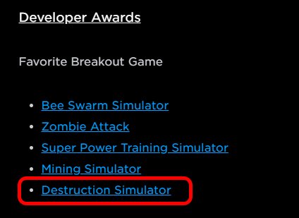 Silky Games On Twitter Destructionsimulator Nominated For Favorite Breakout Game In The Bloxyawards Thank You Everyone Vote Now Let S Win This And Destroy The Competition Https T Co E8feryogoi Rt - codes voor roblox mining simulator