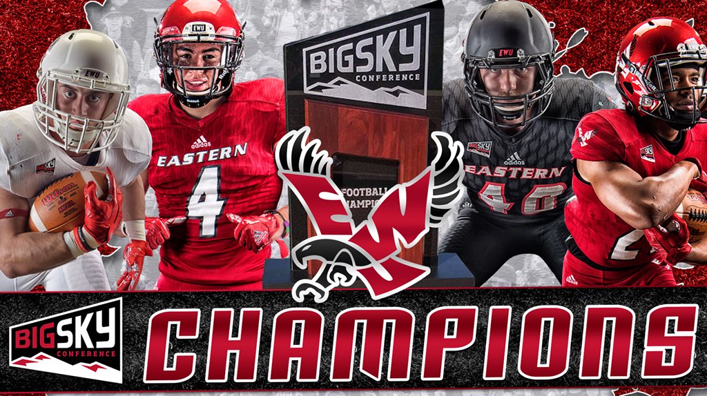 EWUAthletics's tweet photo. Congrats to @EWUFootball on adding another @BigSkyFB 🏆 to the case!
Find out who the Eags will play in the FCS Playoffs tomorrow at 9:30 am on @ESPNU!
#ProtectTheRed #NoDoubtLeft #GoEags https://t.co/RPMFIl1DlW