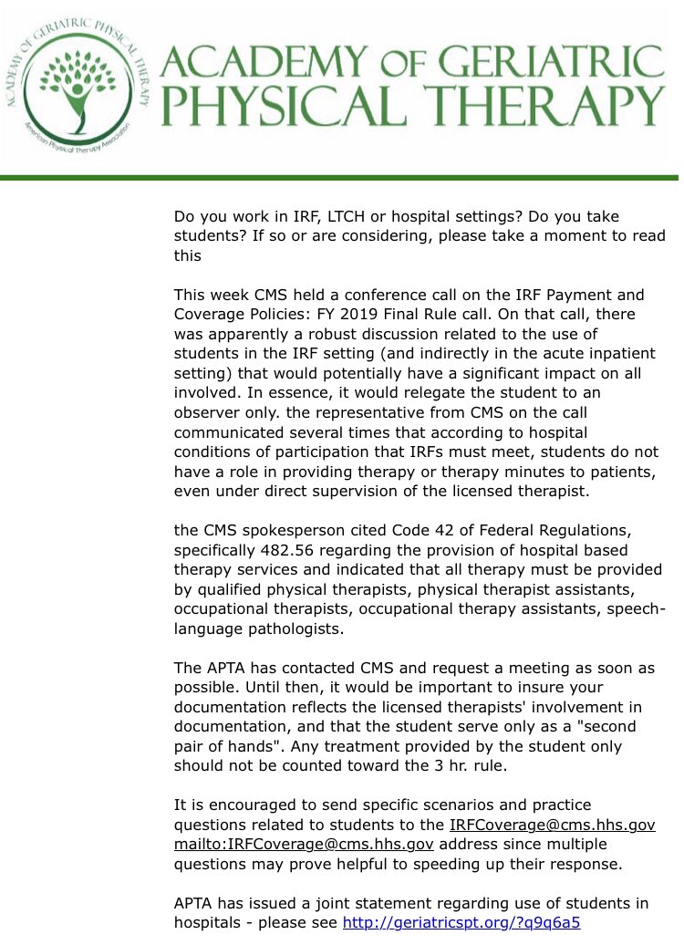 Dear <a href="/CMSGov/">CMSGov</a>, 
How are we supposed to become “qualified physical therapists” if we are only able to observe?
#DPTstudent