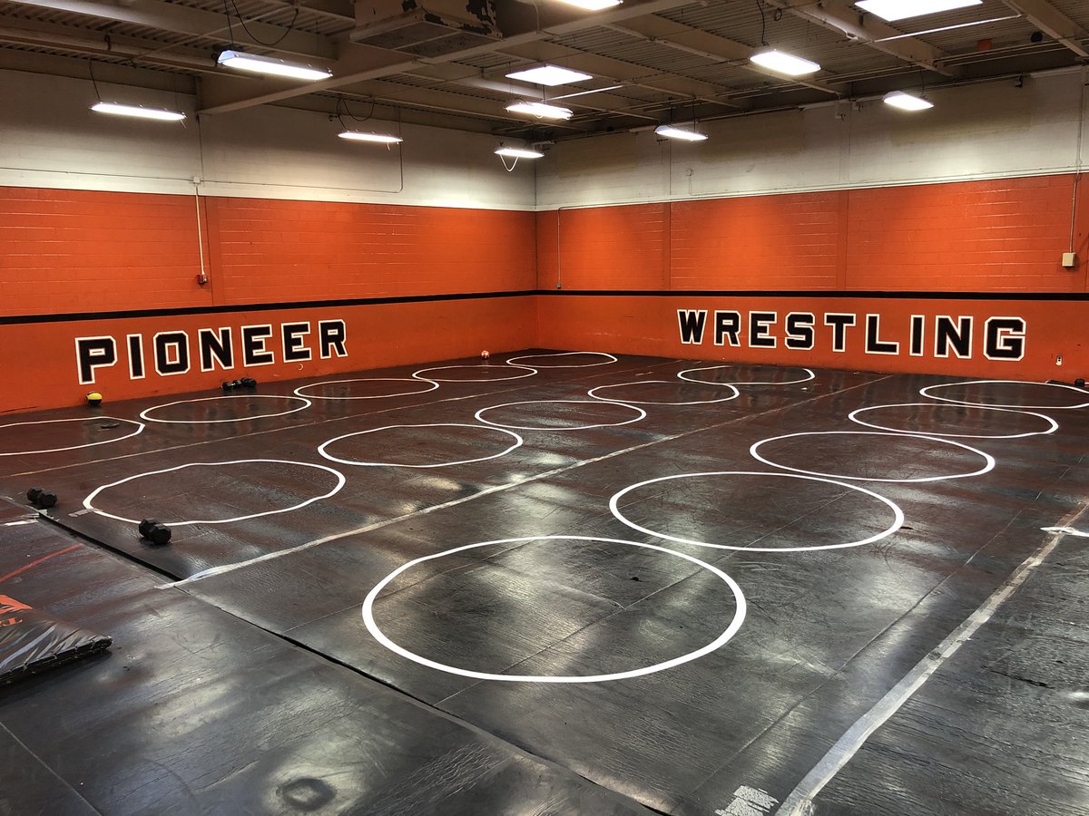 As the 🐛 becomes a 🦋, so too, the Aux gym becomes a wrestling room. Painstaking process that literally takes ~200 man hours but isn’t so bad when you have about 20 guys show up for 6 hours on a Saturday to help. #gratefulformyteam <a href="/VillePioneers/">Tim Davis</a> Out w/ the old. In w/ the new!