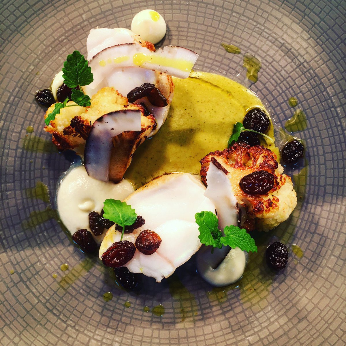 New dish... Thai curried monkfish,textures of cauliflower,curried sultanas,coconut <a href="/StokePark/">Stoke Park</a> <a href="/HumphrysSP/">Humphry's</a> <a href="/Kingfisher_BXM/">Kingfisher Brixham</a>