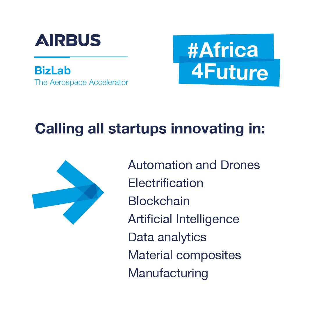 Know any early-stage African startups working these sectors: #Automation #DataAnalytics #Drones #Blockchain #Electrification #Cybersecurity #Aero-mobility #Manufacturing? Share, recommend &amp; apply here airbus-bizlab.com/africa4future. Applications will be open until Nov. 30 at 23:59 GMT!