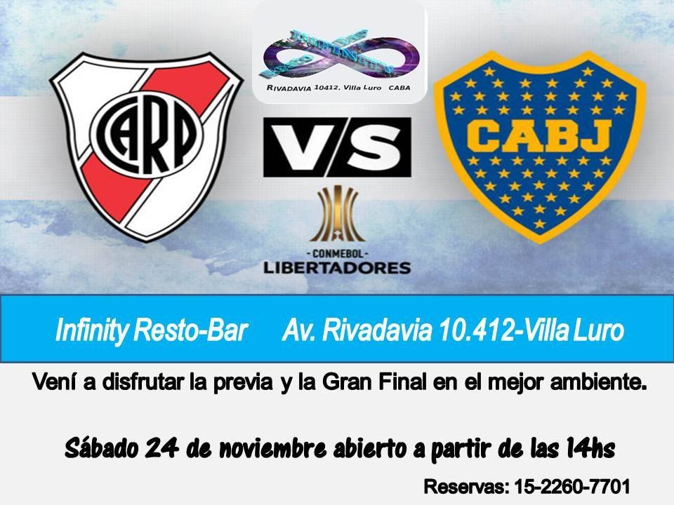restobarinfinit's tweet image. Vení a vivir la final Histórica!!! entre @BocaJrsOficial @CARPoficial  y después te quedas a festejar!!
Entrada con 2 consumiciones 🍻 $250