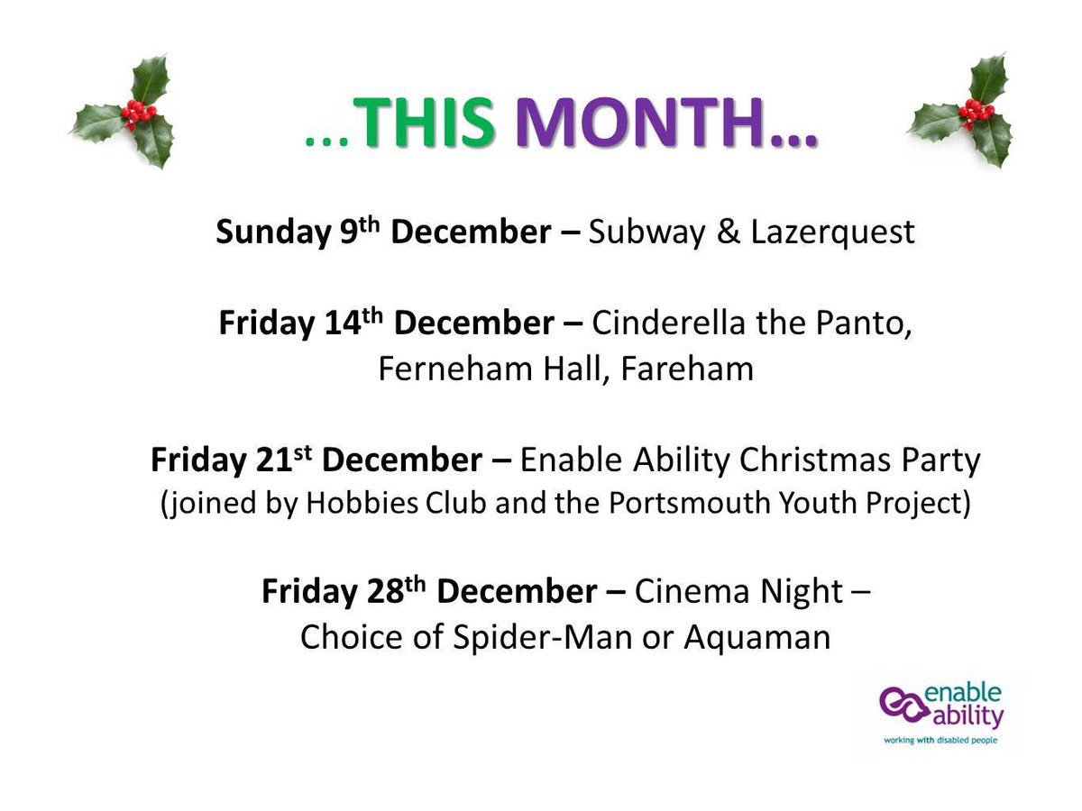 portsmouthtp's tweet photo. The @EnableAbility December Events Schedule is now live #portsmouth #hampshire #hcsd #portsmouthcollege #highburycollege #community #southsea #hilsea #copnor #lovesouthsea #events #disabilityawareness #autismawareness #portsmouthcitycouncil #partnerships #enableability https://t.co/Nb7WbCo7Sw