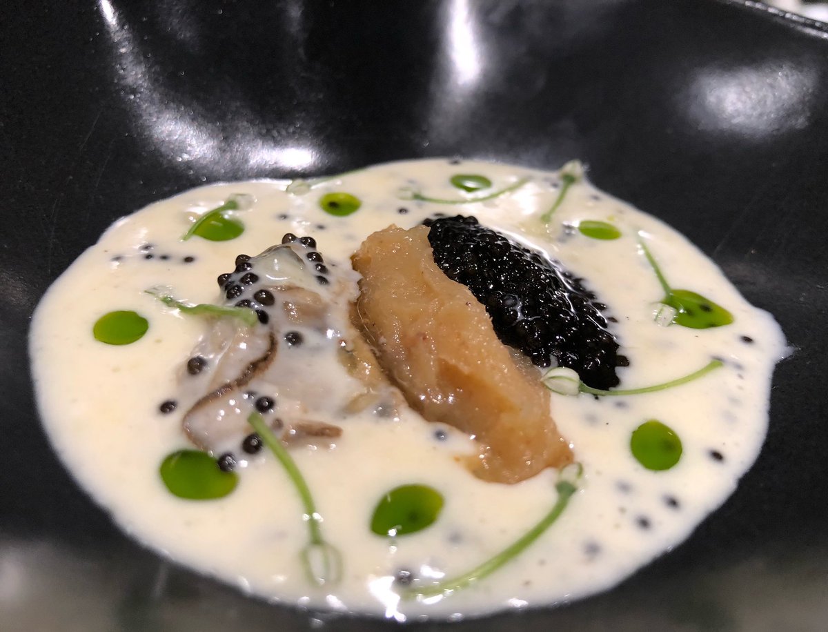 Caviar Cream. 

Vital Greens cream infused with wild sturgeon caviar, grilled Irish Point oyster, almost burnt cream, fresh Acadian Sturgeon caviar, onion flowers, leek oil. 

#acadiansturgeoncaviar #caviar #sturgeoncaviar #yegfood