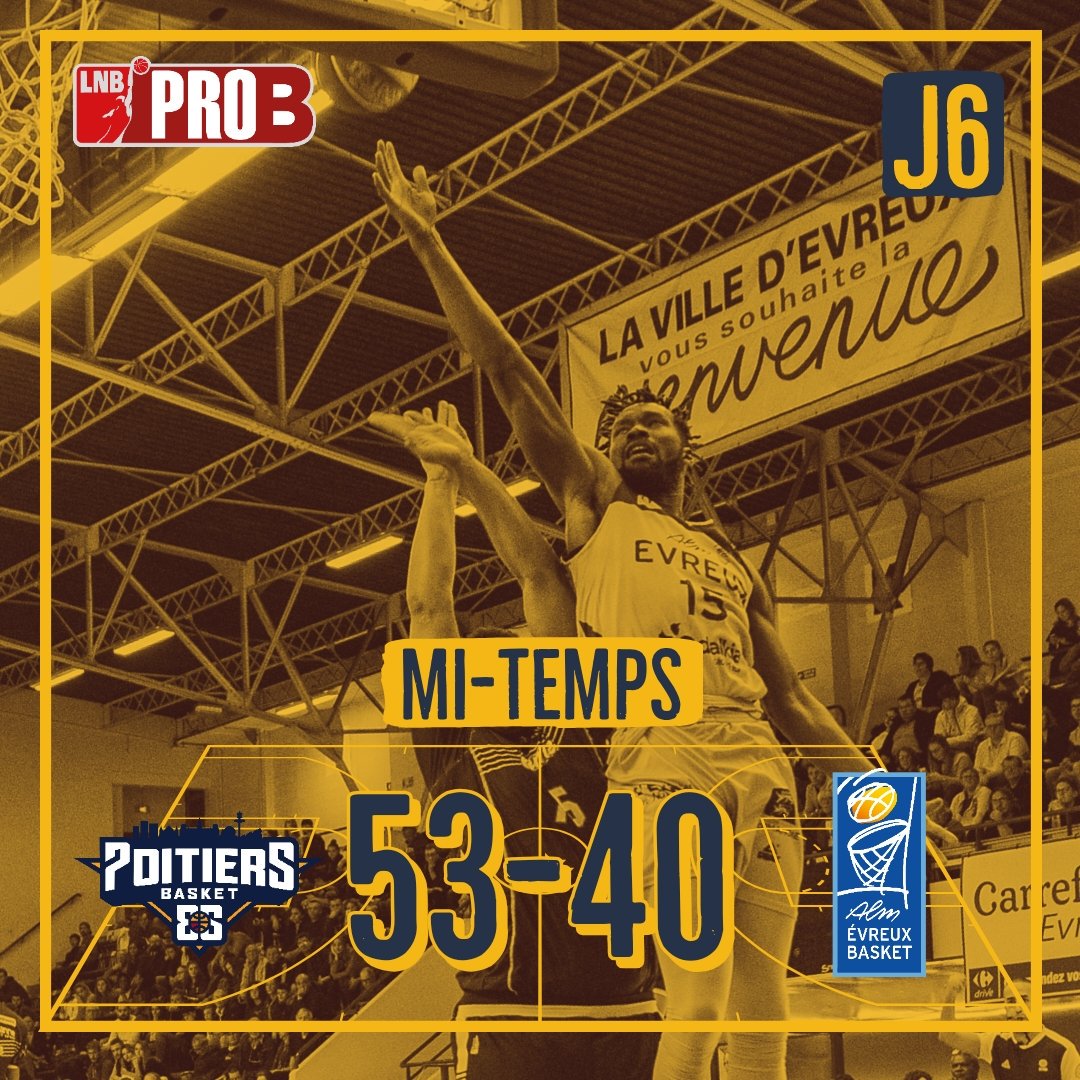 ALMEvreux's tweet photo. MI-TEMPS | #PBALM
Poitiers fait à nouveau la différence dans le 2eme QT et mène sur son parquet face à Evreux ⤵️
@pb86officiel 53
@ALMEvreux 40
📊 Ho You Fat et Paschal 9pts, Paschal 4rbds, Bouquet 7pd
#TeamALM #ProB #J6 https://t.co/WEktiftlQz