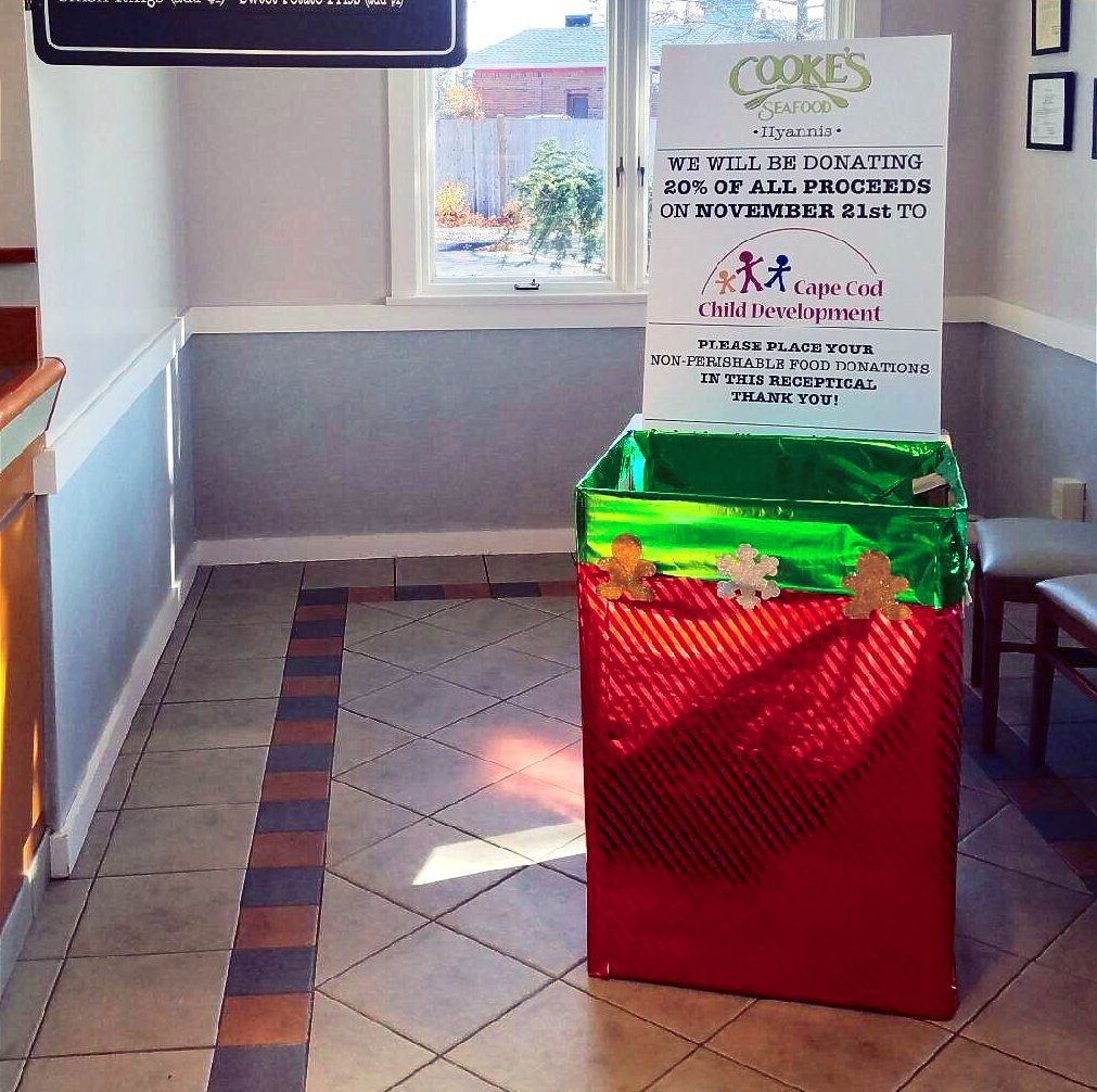 Shout out to <a href="/CapeCodcom/">CapeCod.com</a> for letting the Cape know that they can help out <a href="/CapeCodChildDev/">Cape Cod Child Dev.</a> on the 21st by heading to have a meal with us where we will donate 20% of our proceeds to their cause as well as taking non-perishable food donations to distribute. #Cookes #thanksgiving