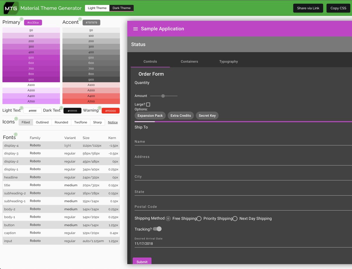 arciisine's tweet photo. Announcing the Material Theme Generator, with support for theme generation, including colors, fonts, and iconography.  #angular https://t.co/sMHi7OcXxn https://t.co/Pe9Ogxpl2X