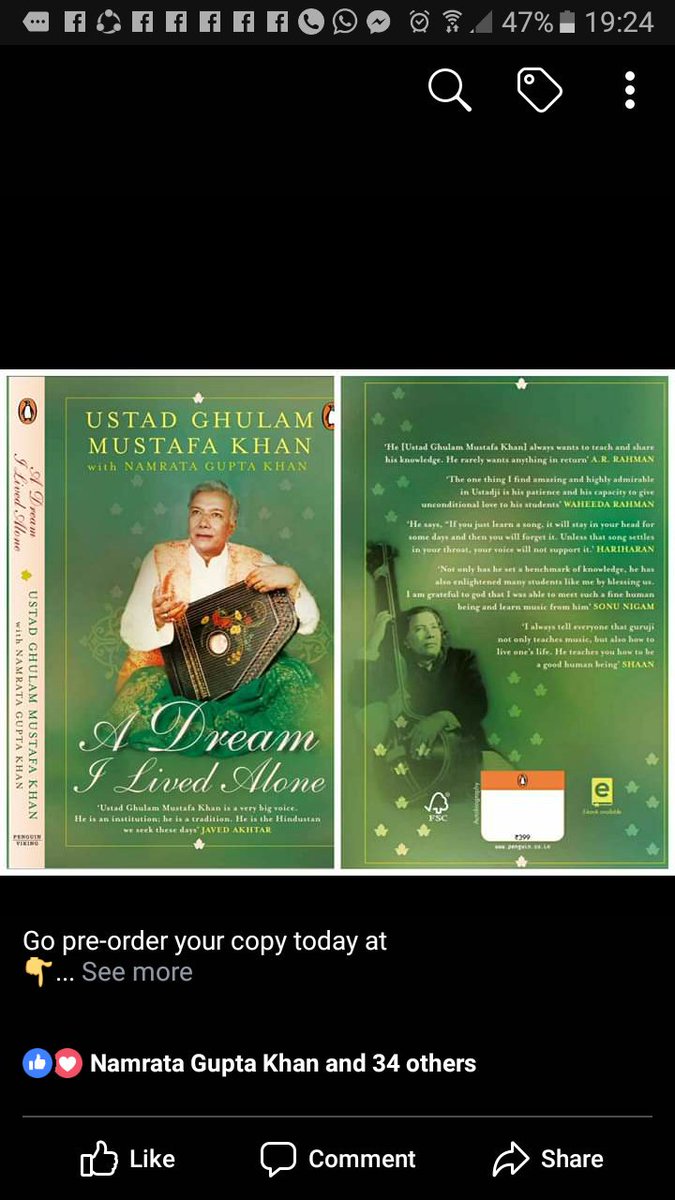 MustafaMurtuza's tweet photo. A Dream I Lived Alone Autobiography of Ustad Ghulam Mustafa Khan Sahaab releasing on 14th December 2018 by Penguin India. ....
Pre-booking on amazon and Flipkart. .. https://t.co/oXIZhF3Z3E