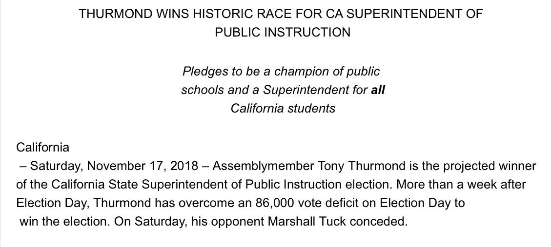 kystokes's tweet image. JUST IN: @TonyThurmond has declared victory in the CA State Schools Superintendent race, says @MarshallTuck called Saturday to concede.

It was the most expensive down-ballot race, seeing heavy outside spending from teachers unions and charter school backers #caedchat #caelection