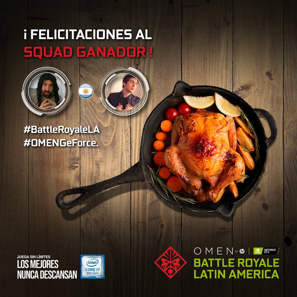 OmenByHp_Latam's tweet photo. ¡Felicidades al país ganador de PUBG Latinoamerica! Una unión de escuadrón para representar a sus guerreros junto a su Winner Winner Chicken Dinner 🍗 🍳 🔥 👊🏼 #BattleRoyaleLA #OMENGeForce https://t.co/orz9KS6all