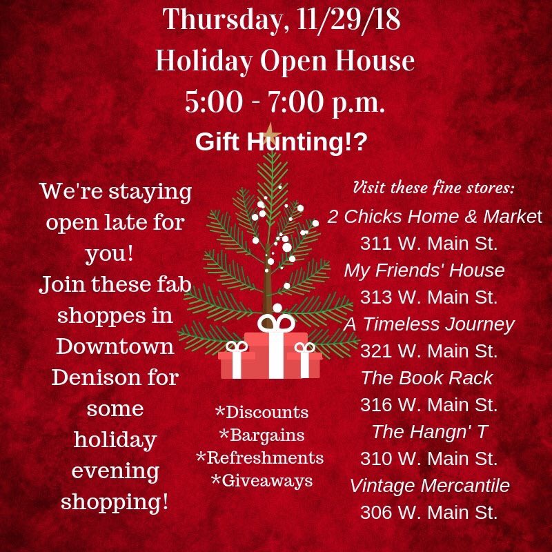 Put your flats on and join these fab shoppes on Main St, Denison TX for some holiday evening shopping!  11/29/28, 5-7 pm. #2chickshomeandmarket #denisontx #myfriendshouse #atimelessjourney #thehangnt #bookrackofdenison #vintagemercantile #denisonmainstreet300block