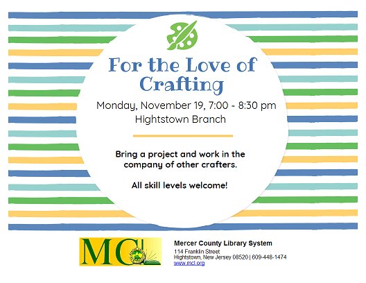 mclsnj's tweet photo. Stop by our libraries this week for some fun programs! Do some crafting, learn how to avoid fake news, practice yoga and more! 

Visit our events page for more information: https://t.co/YB5eypEfQp https://t.co/m10ln9YQGf