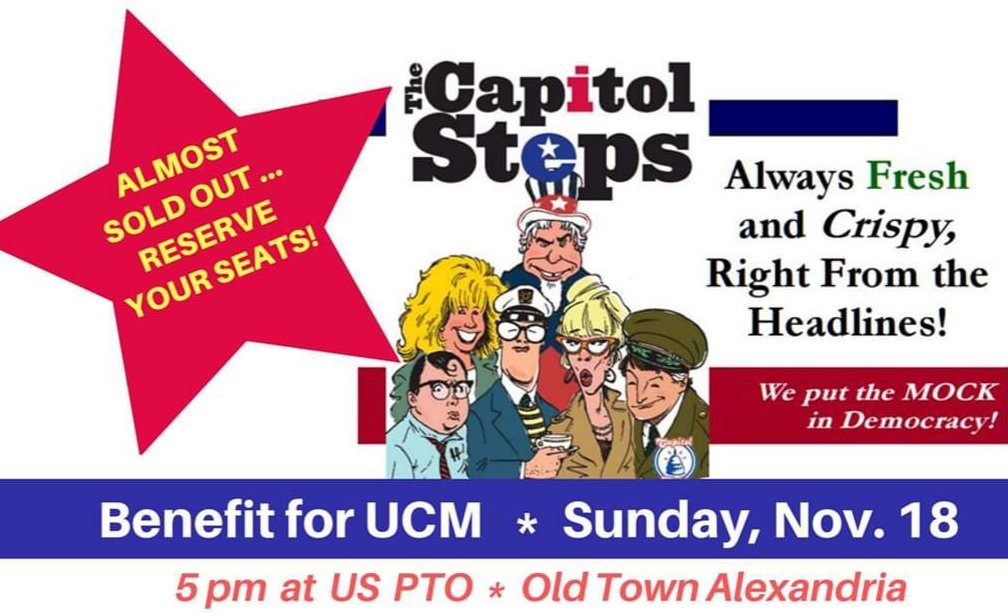 UCAlexandria's tweet photo. Some seats still available 4 Sun. 5pm at US PTO in #OldTownAlexandria 4 @CapSteps @UCMAlex Benefit! Excited 2 be w 375+ of our caring supporters. Parking directions & tix: https://t.co/powJbXsh9c. 5 chances 4 raffle baskets! #MakeAmericaGrinAgain info@ucmagency.org#UCMCapSteps18 https://t.co/Rsf4KmbYHP