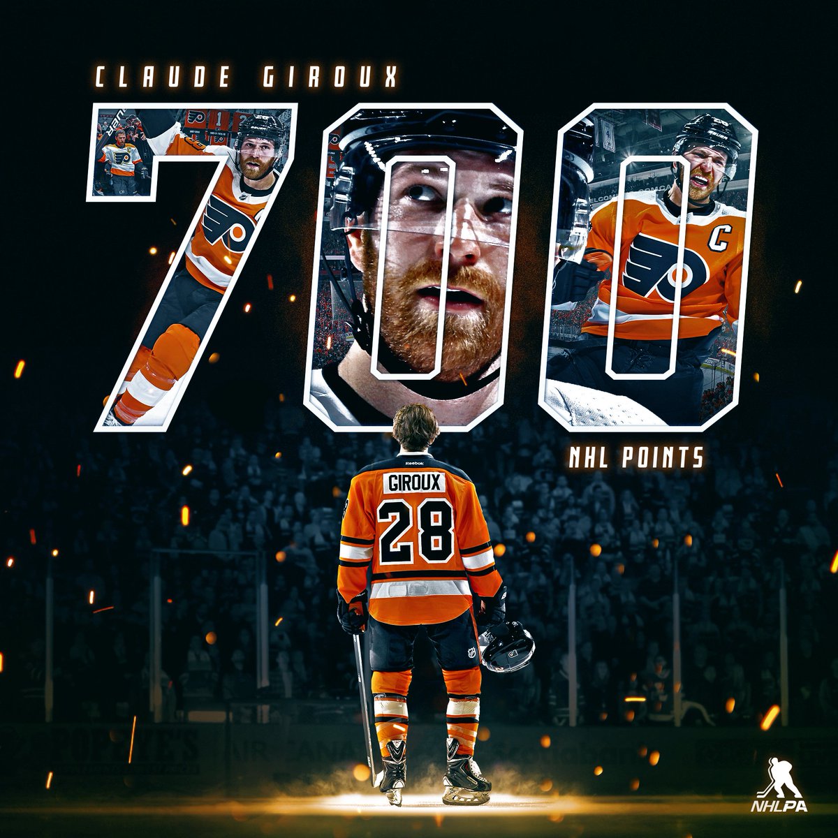 NHLPA's tweet photo. That's 700 NHL career points for @28CGiroux with an assist in today's @NHLFlyers game. Congrats, Claude! https://t.co/2xYmz48GnS