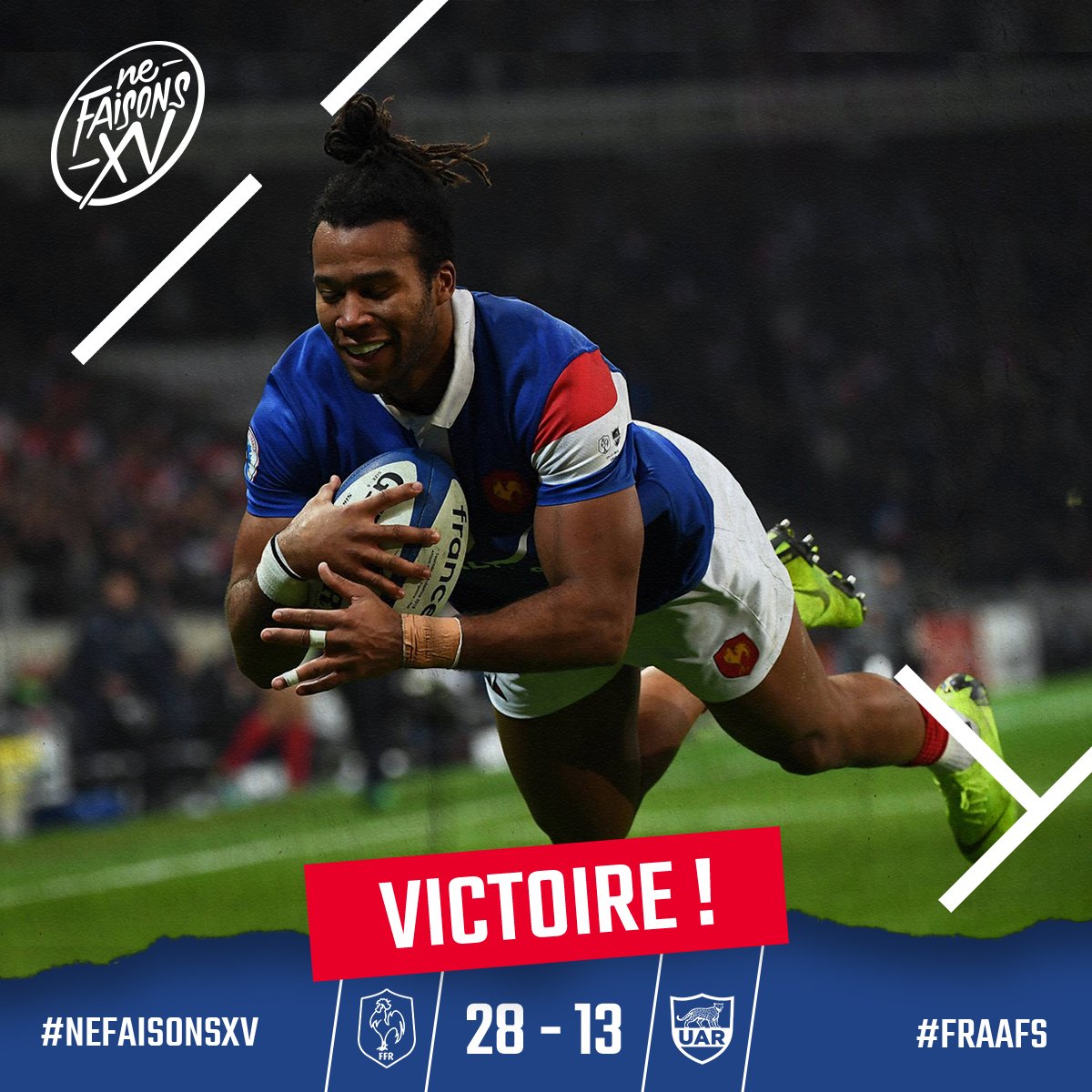 FranceRugby's tweet photo. 🇫🇷🇦🇷 VICTOIRE !!
Les Bleus s'imposent à l'issue d'une seconde période de haut niveau ! 😍😍😍
#NeFaisonsXV #FRAARG https://t.co/hdNQRUpjwD