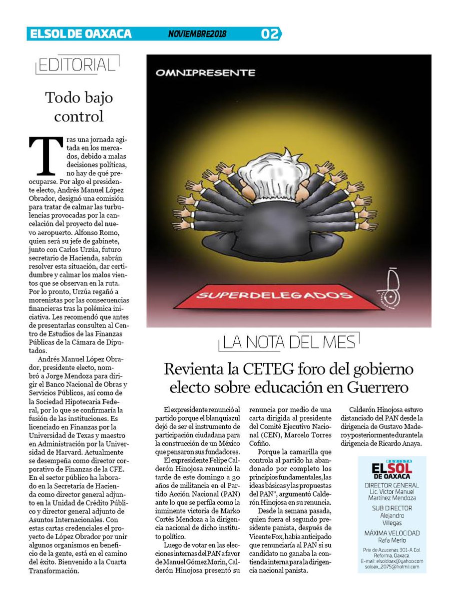 VicManOaxaca's tweet photo. #RevistaElSoldeOaxaca #EdicionDiciembre #Numero277 #Pag2
* Editorial.
* El Carton.
* Nota del mes. https://t.co/yQbTzQN6wS